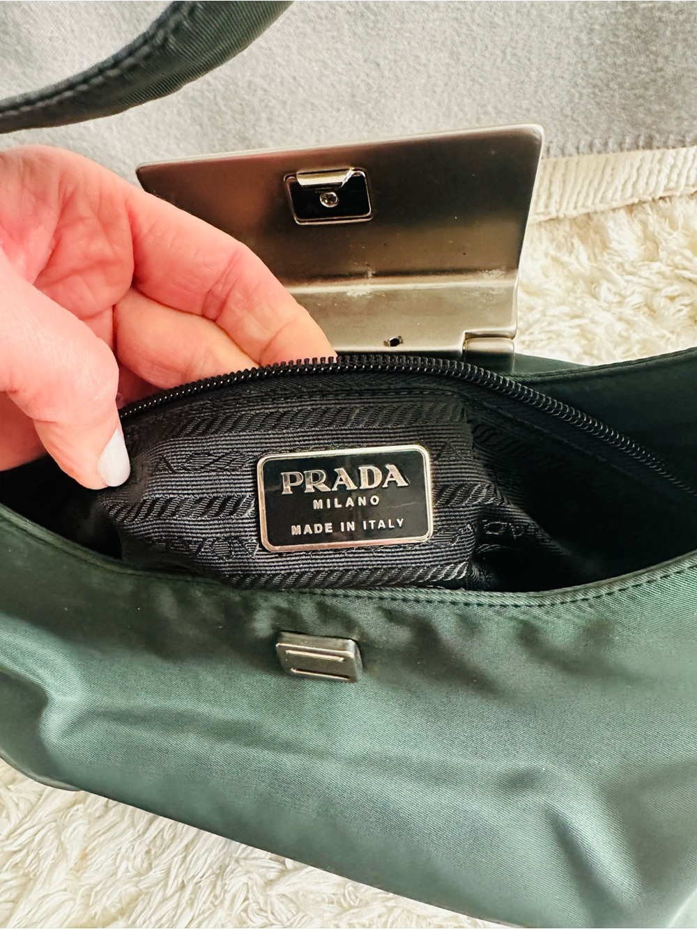 Vintage Prada Dark Green Nylon Shoulder Bag - Picture 7 of 13